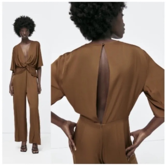 Zara Brown Satin Effect Twisted Effect Plunging Neckline Jumpsuit Size X… - Picture 8 of 16